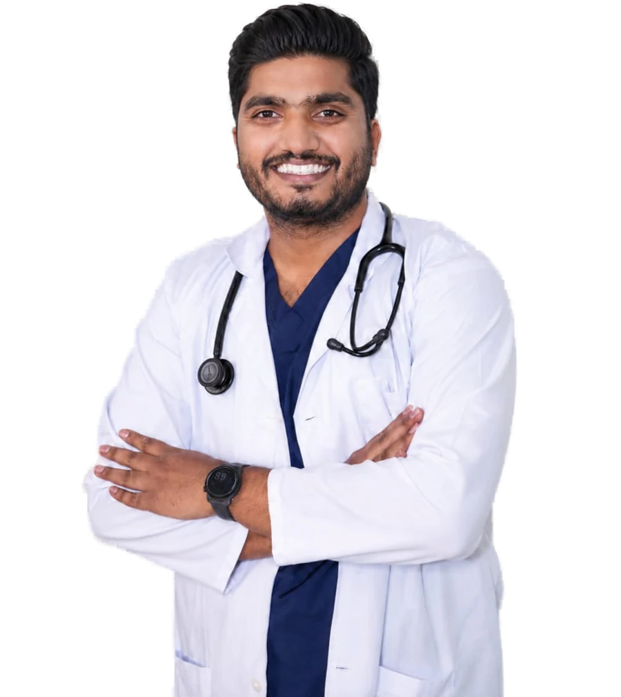 Dr. Akif Ahamad Baig in a white coat with a stethoscope, arms crossed